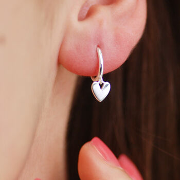 Sterling Silver Heart Drop Huggie Hoop Earrings, 5 of 8
