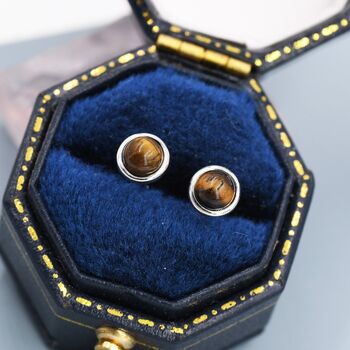 Sterling Silver Genuine Tiger's Eye Stud Earrings, 2 of 12