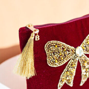 Personalised Velvet Beaded Bow Pouch With Initial Charm, 2 of 4