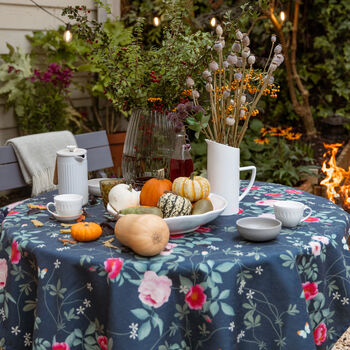 Luxury Linen Like Floral Tablecloth Rose Garden Navy, 5 of 7