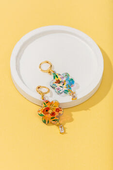 18 K Gold Plated Huggie Earrings With Iridescent Summer Flowers And A Hanging Gemstone, 4 of 9