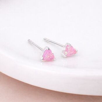 Tiny Sterling Silver Pink Opal Heart Stud Earrings, 3 of 8
