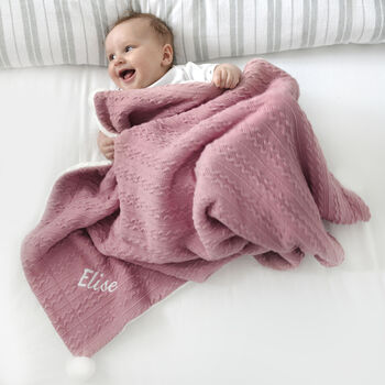 Personalised Dusty Pink Cable Knit Pom Pom Blanket, 3 of 12