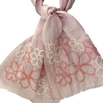 Hand Embroidered 100% Linen Scarf In Pale Pink With French Knot Flower Details, 4 of 4