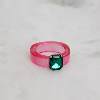 Bright Pink Resin Ring With Green Rhinestone, 3 of 5