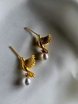 Golden Dove Pearl Earrings 16k Gold Plated Studs With Real Freshwater Pearls, Symbol Of Love And Peace, Wedding Gift For Her, 6 of 9