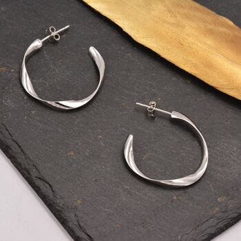 Twisted Strip Mobius Band Large Semi Hoop Stud Earrings In Sterling Silver, 2 of 12