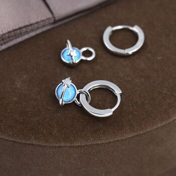 Sterling Silver Blue Opal Planet And Star Huggie Hoop Earrings, 7 of 10
