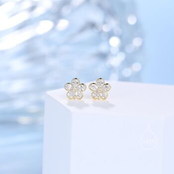 Sterling Silver Flower Cz Stud Earrings, 8 of 12