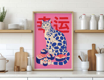 Blue Cat With Sushi Art Print Poster, 2 of 3