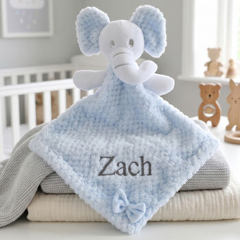 Personalised Blue Elephant With Bow Baby Comforter, 3 of 5