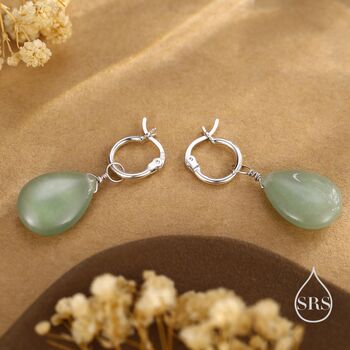 Sterling Silver Green Aventurine Jade Droplet Hoop Earrings, 5 of 11