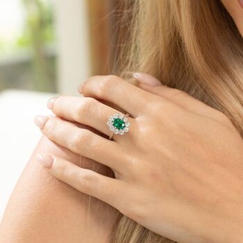 Emerald Halo Engagement Ring In Sterling Silver And Gold, 9 of 12