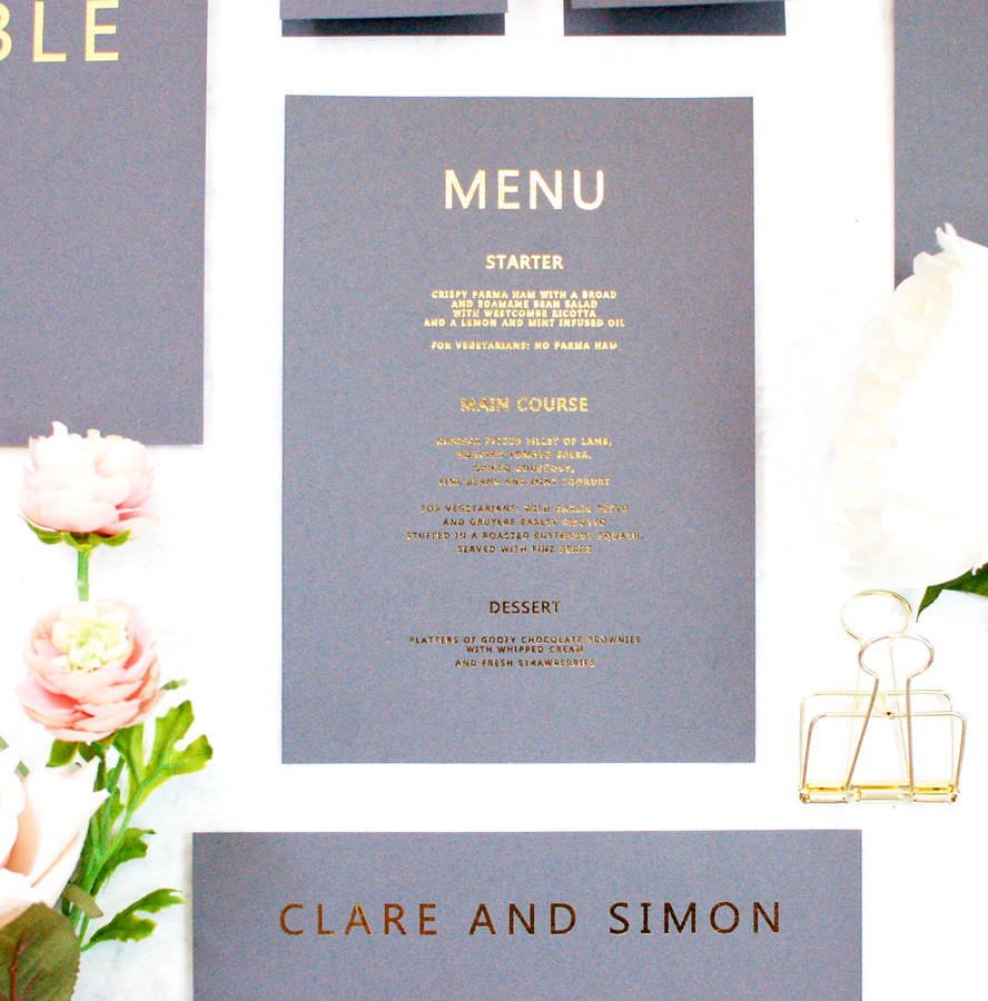 grey and gold wedding breakfast menu by made with love designs ltd