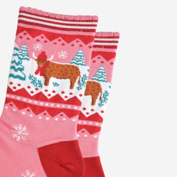 Women's Bamboo Socks Pink Christmas Highland Cow, 3 of 5