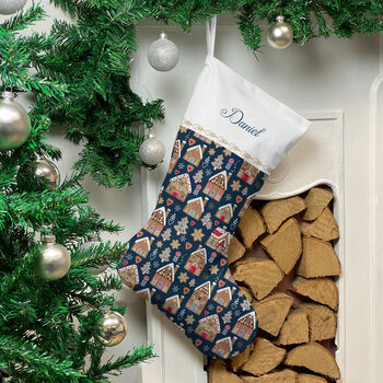 Personalised Christmas Stocking Gingerbread House Design Navy, 2 of 4