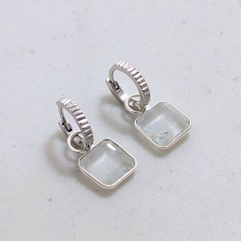 The Faceted Square Blue Topaz Gemstone Hoop Earrings, Silver, 3 of 6