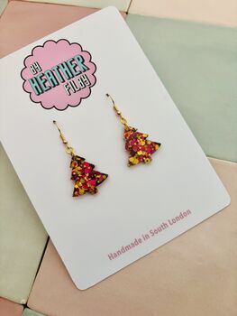 Gold And Red Christmas Tree Glitter Resin Earrings / Festive Jewellery / Christmas Gift, 8 of 10