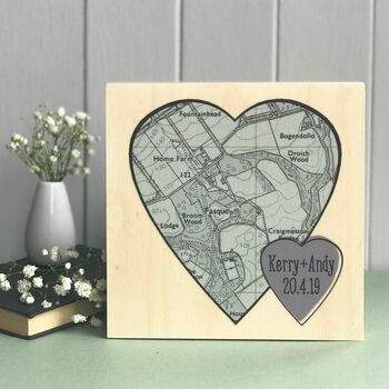 Double Painted Heart Shaped Map Print On Wood, 4 of 10