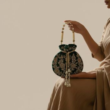 Handcrafted Emerald Green Velvet Potli Bag, 7 of 7