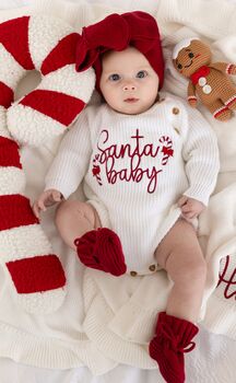 Santa Baby Christmas Embroidered Baby Knitted Romper, 3 of 12