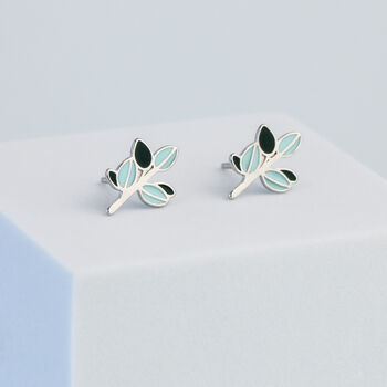 Sterling Silver Blue Leaf Stud Earrings, 2 of 5