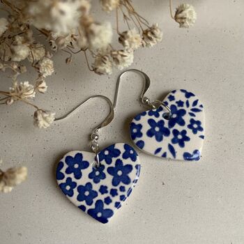 Blue Flower Ceramic Heart Earrings, 9 of 10