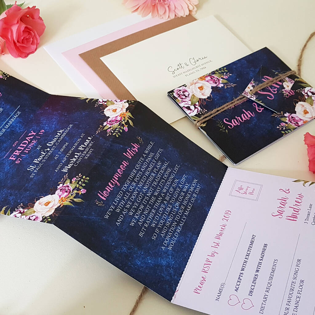 Navy Blue & Pink Subtle Floral Personalised Wedding Invitations 