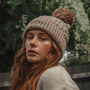 Mocha Pom Pom Faux Fur Cable Knit Beanie Hat, thumbnail 1 of 2