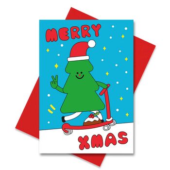 Cute Christmas Tree Scooter Pudding Merry Xmas Card, 2 of 3