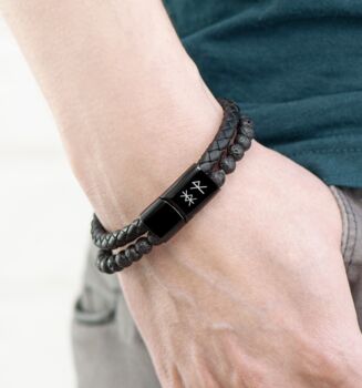 Personalised Men's Leather Rune Design Duo Bracelet, 3 of 8