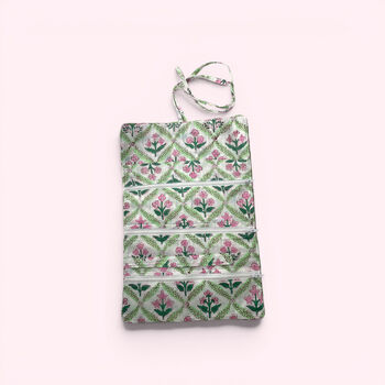 Cotton Jewellery Roll | Green And Pink Block Print Floral, 3 of 7