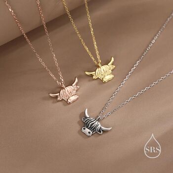Oxidised Sterling Silver Highland Cow Pendant Necklace, 7 of 12