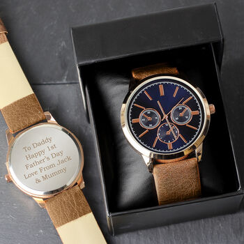 Personalised Men's Rose Gold Tone Watch Brown Strap, 5 of 5