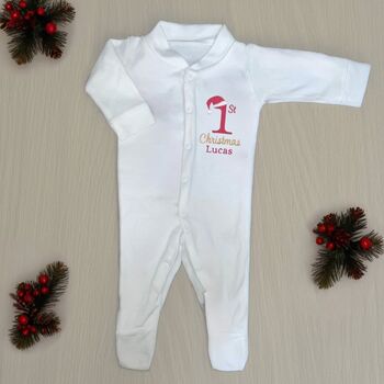 Personalised Embroidered 1st Christmas Sleepsuit, 2 of 2