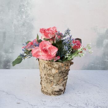 Faux Rose And Foliage Bouquet In Bark Vase, 3 of 3