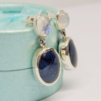 Blue Sapphire, Moonstone Sterling Silver Earrings, 2 of 7