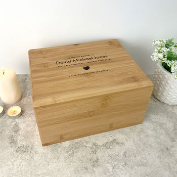 Personalised Bamboo Urn For Cremation Ashes Name And Icon Design, 7 of 12