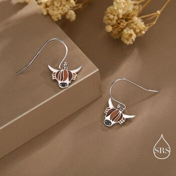 Sterling Silver Enamel Highland Cow Drop Dangling Earrings, 3 of 10