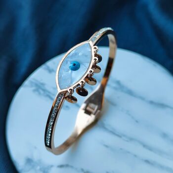 Evil Eye White Sequin 18ct Plated Gold Arm Bangle, 2 of 5