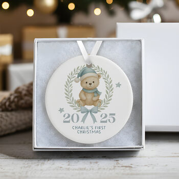 Personalised Baby's First Christmas Teddy Bear Bauble Keepsake In Pink Or Blue, 6 of 7