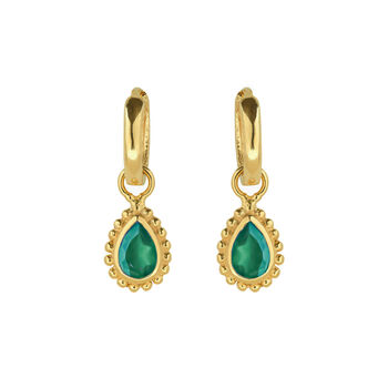 May Birthstone Green Onyx Gold Plated Huggie Hoop Earrings, 2 of 12