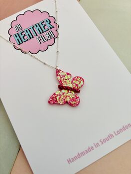Pink Butterfly Glitter Charm Necklace / Garden Party Gift / Cute Nature Jewellery / Handmade Accessories, 4 of 7