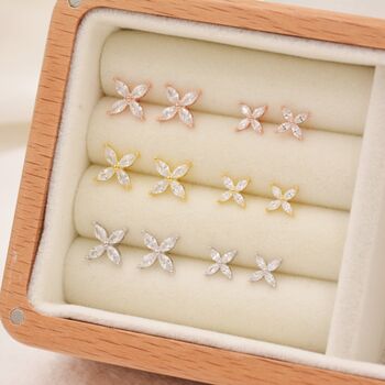 Sterling Silver Four Marquise Flower Stud Earrings, 3 of 12