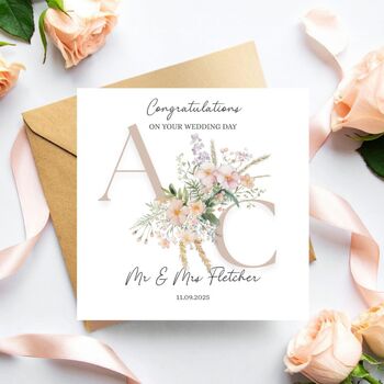 Floral Initials Wedding Day Card, Beige Mr And Mrs Card, 2 of 3