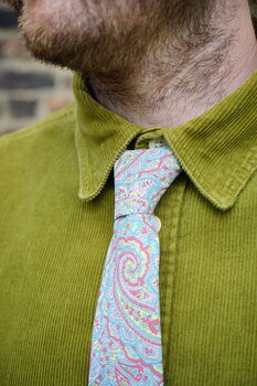 Mens Ice Blue And Pink Paisley Print Slim Style Tie, 5 of 9