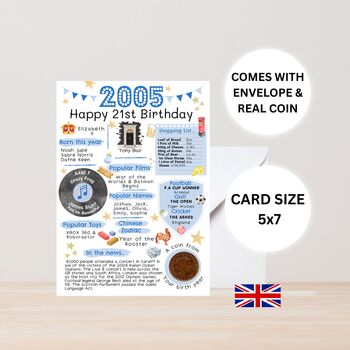 21st Birthday Card With 2005 Coin And Envelope Choose Your Colour, 3 of 3
