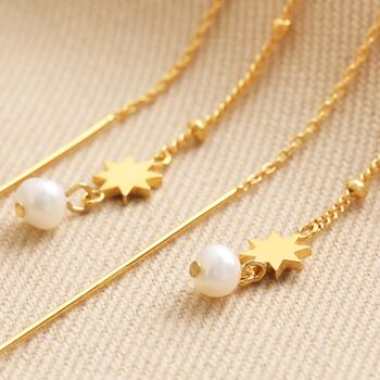 Thread Through Star And Pearl Chain Earrings In Gold, 3 of 7