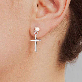 silver cross earrings with white pearl by hersey silversmiths ...