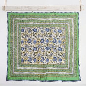 Green And Blue Floral Indian Block Printed Cotton Bed Quilt, 3 of 9